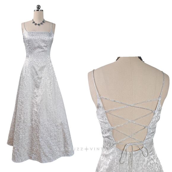 Vintage Prom Dress Maxi Gown 10 Silver White 90s Y2K Corset Fairy Princess Bride - Picture 2 of 11
